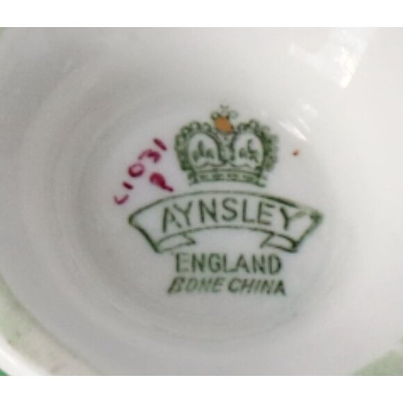 Aynsley Green & Gold Bone China Teacup & Saucer Set With Pink Cabbage Rose - Picture 8 of 10